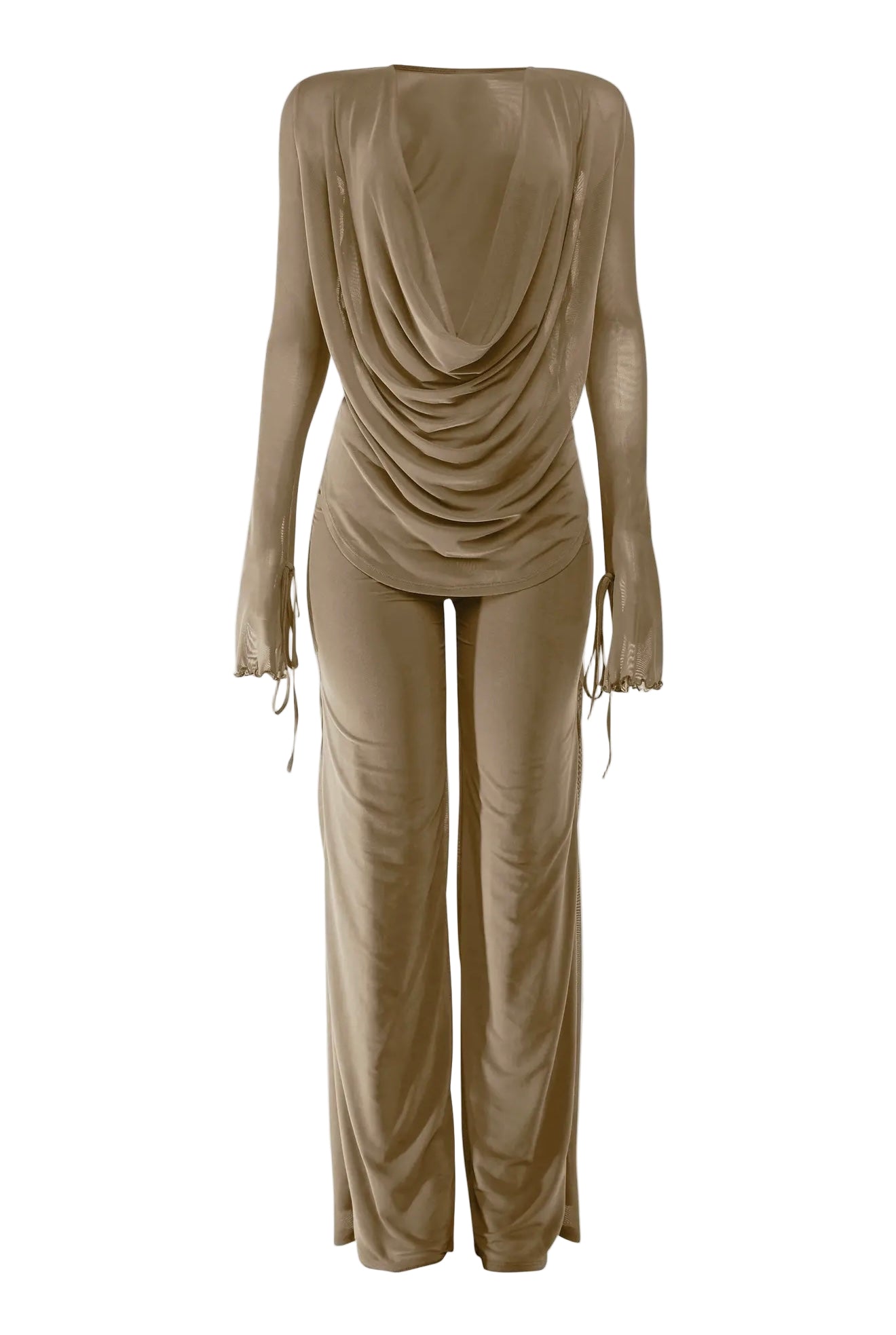 Sheer Long Sleeve Cowl Neck Pants Set