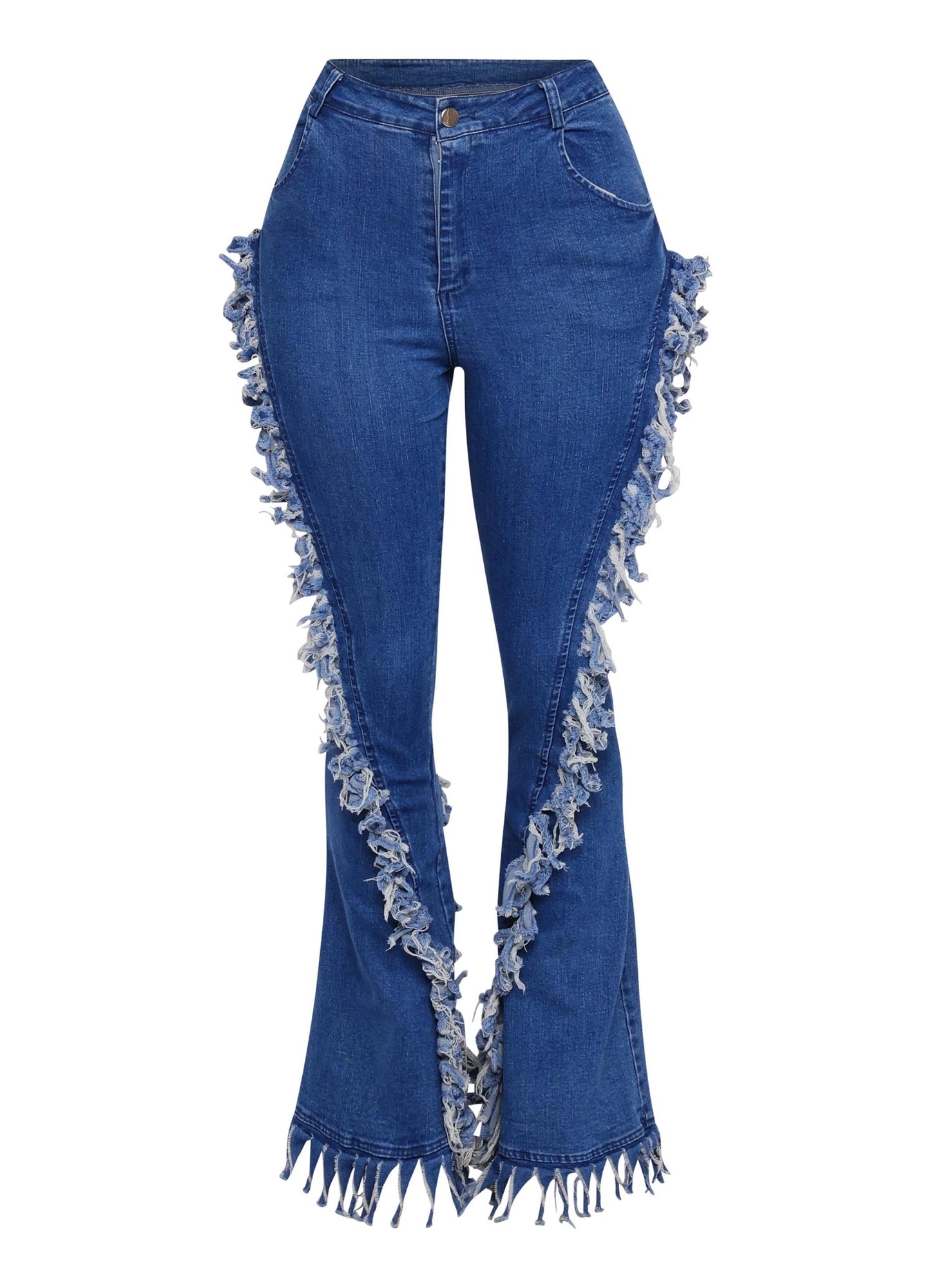 Distressed Fringe Denim Flared Jeans