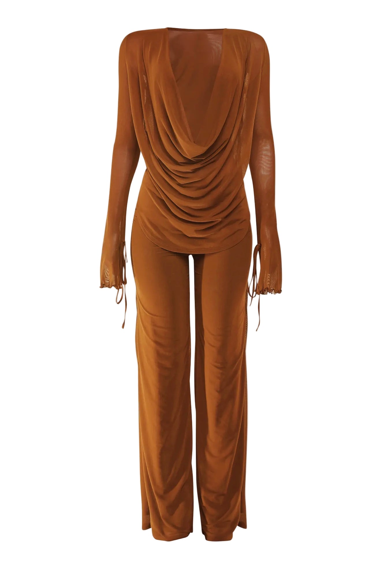 Sheer Long Sleeve Cowl Neck Pants Set