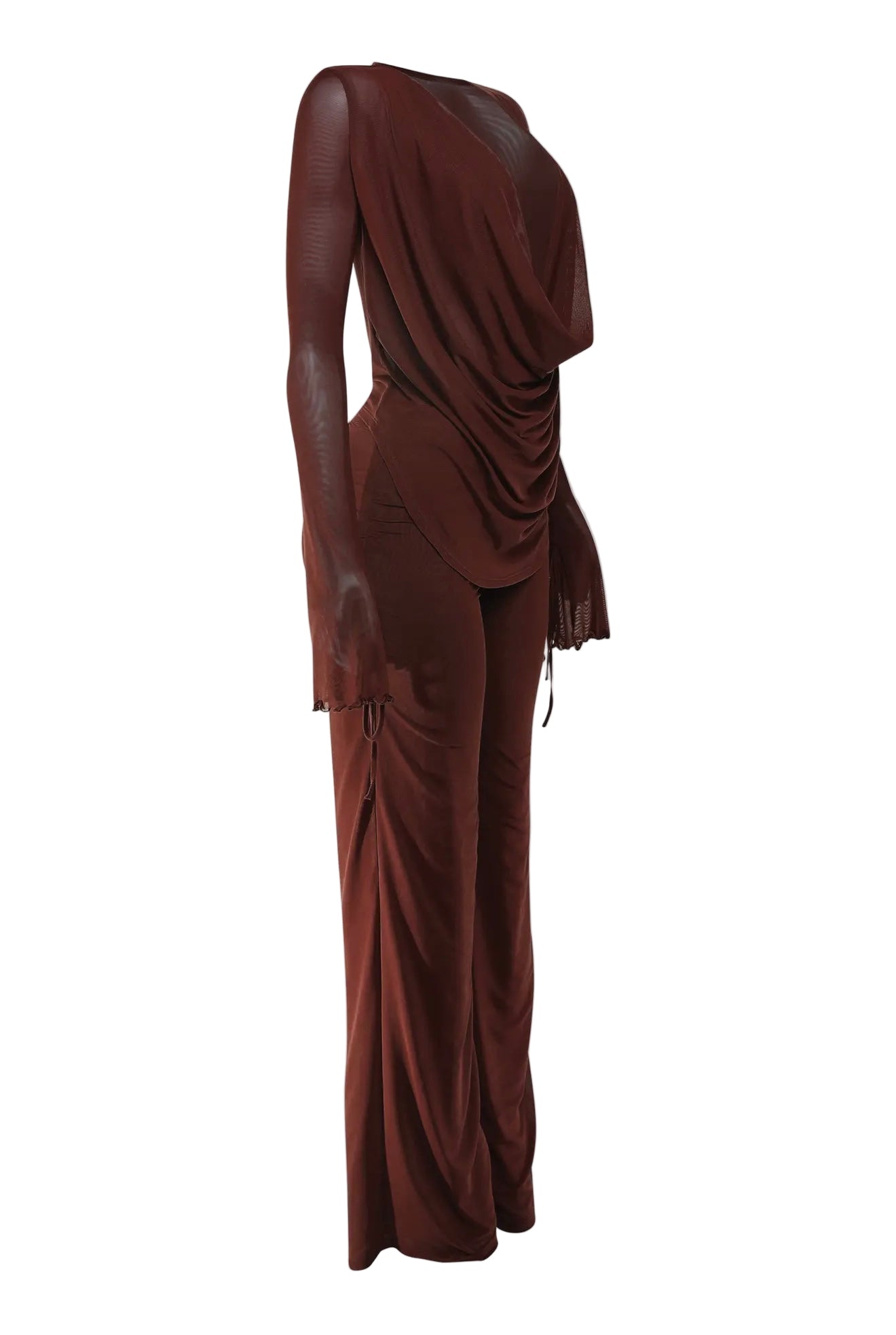 Sheer Long Sleeve Cowl Neck Pants Set