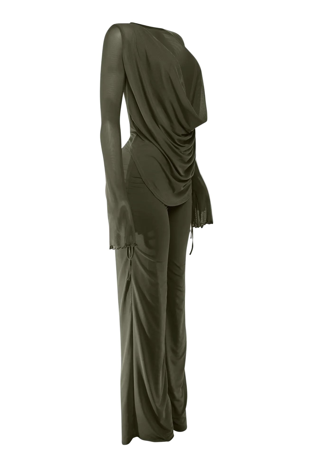 Sheer Long Sleeve Cowl Neck Pants Set