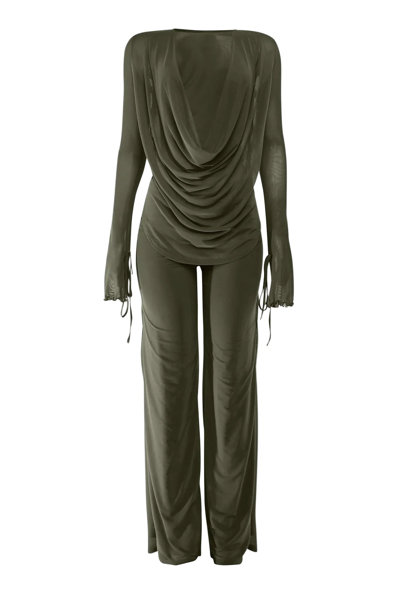 Sheer Long Sleeve Cowl Neck Pants Set