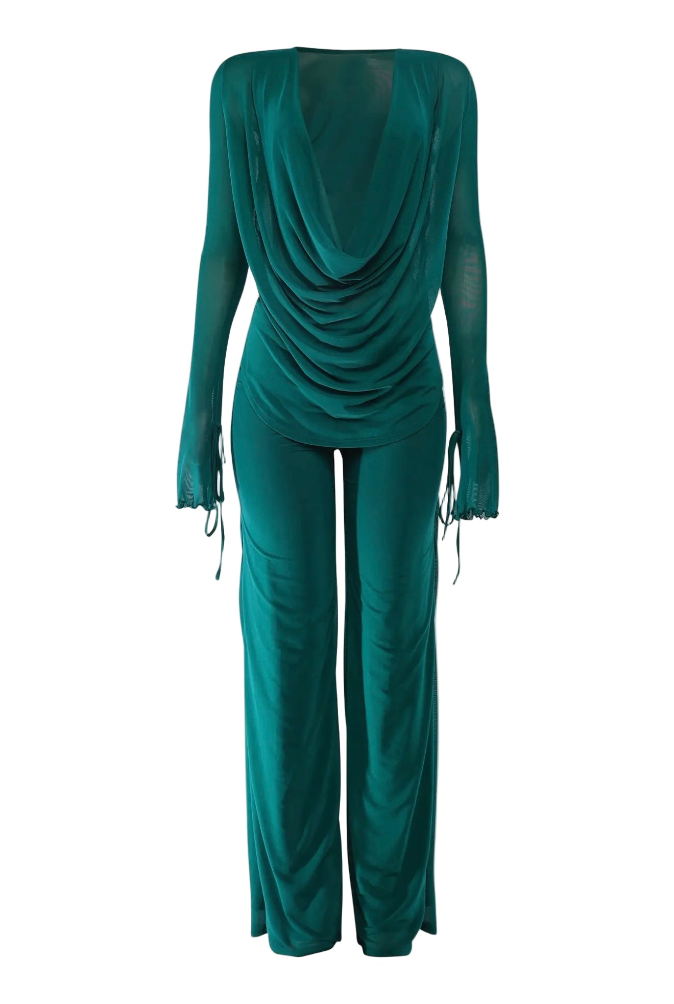 Sheer Long Sleeve Cowl Neck Pants Set