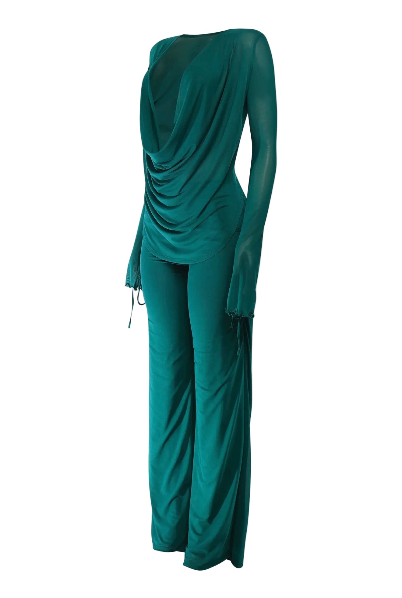 Sheer Long Sleeve Cowl Neck Pants Set