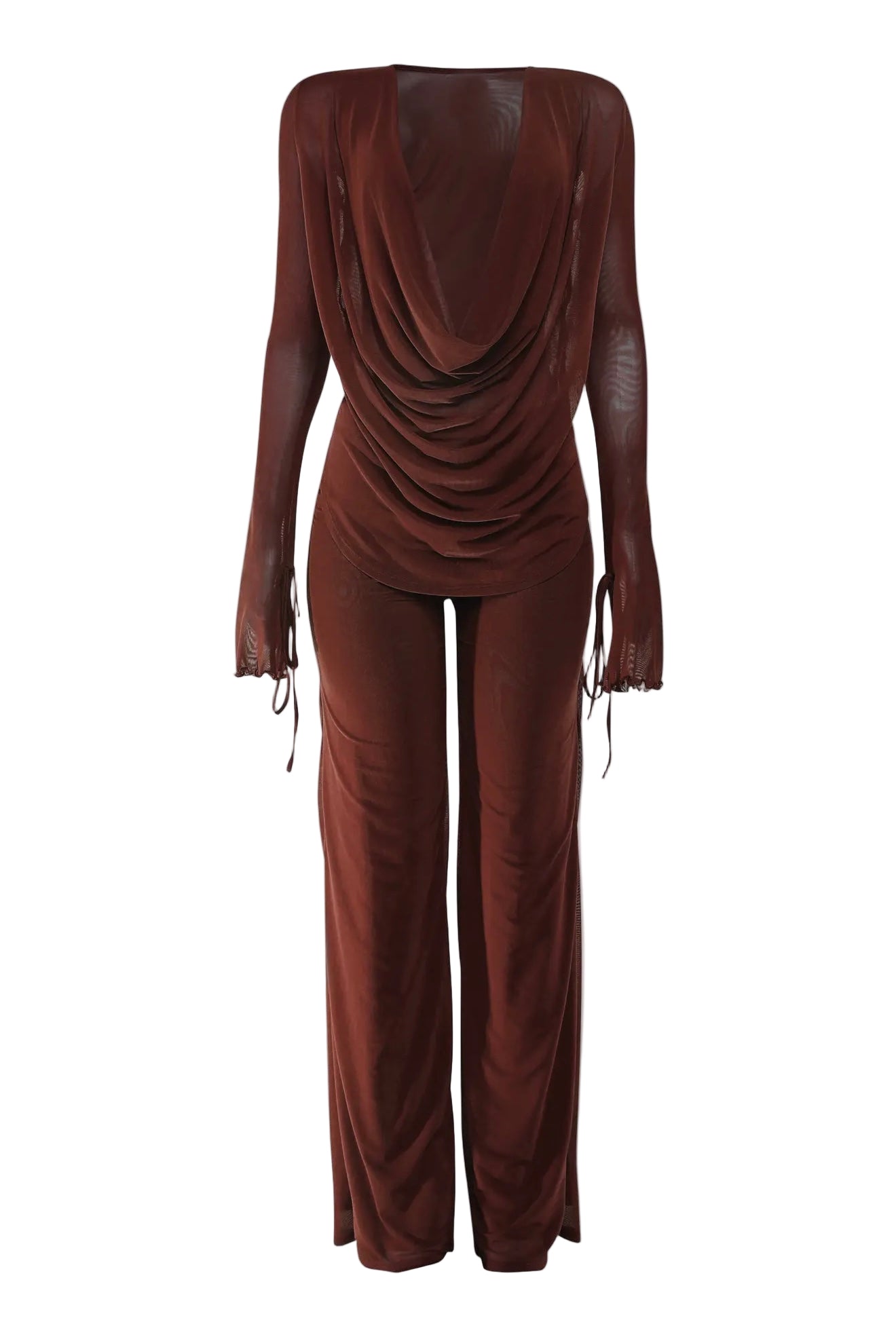 Sheer Long Sleeve Cowl Neck Pants Set