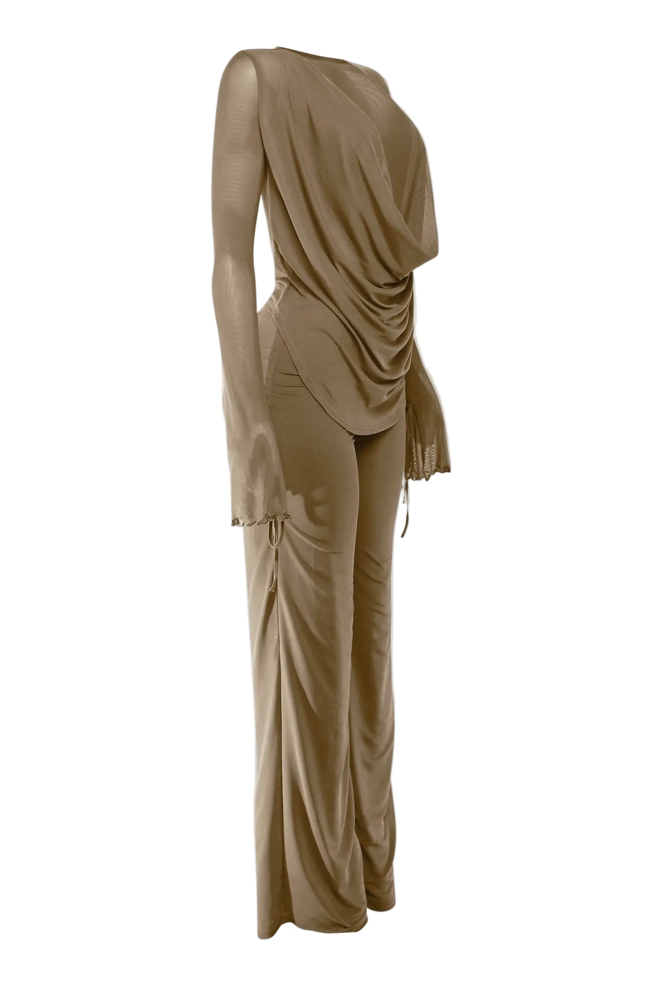 Sheer Long Sleeve Cowl Neck Pants Set