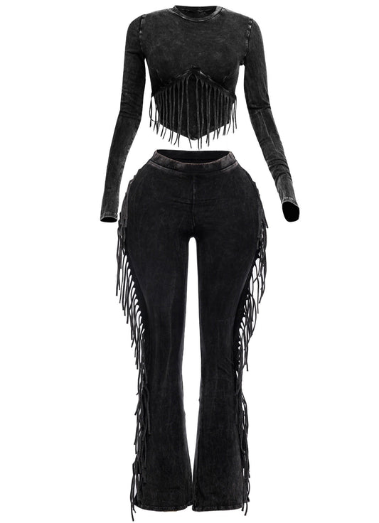Mineral Washed Fringe Pants Set
