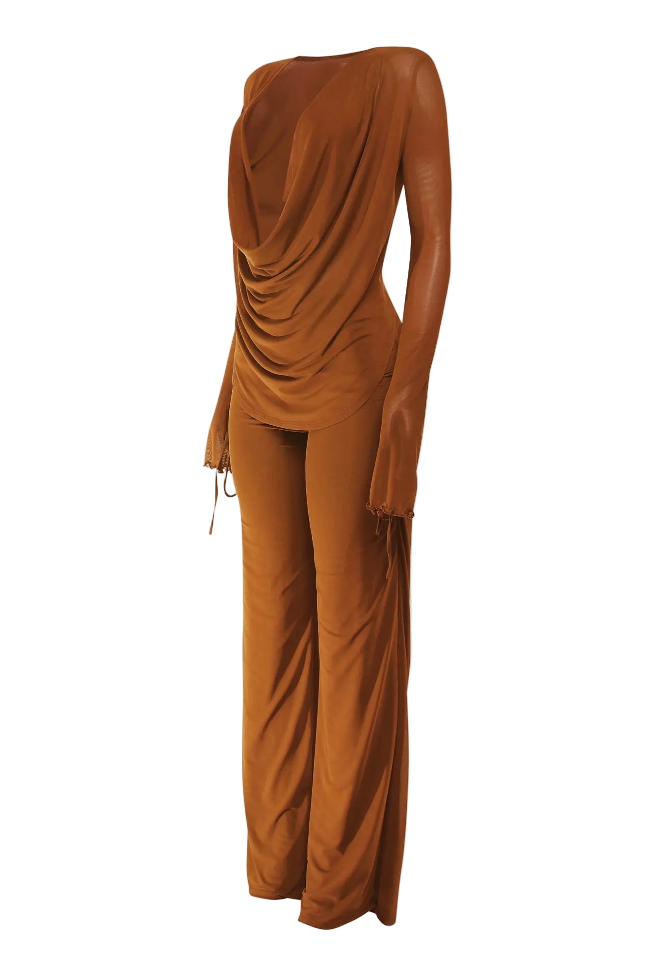 Sheer Long Sleeve Cowl Neck Pants Set