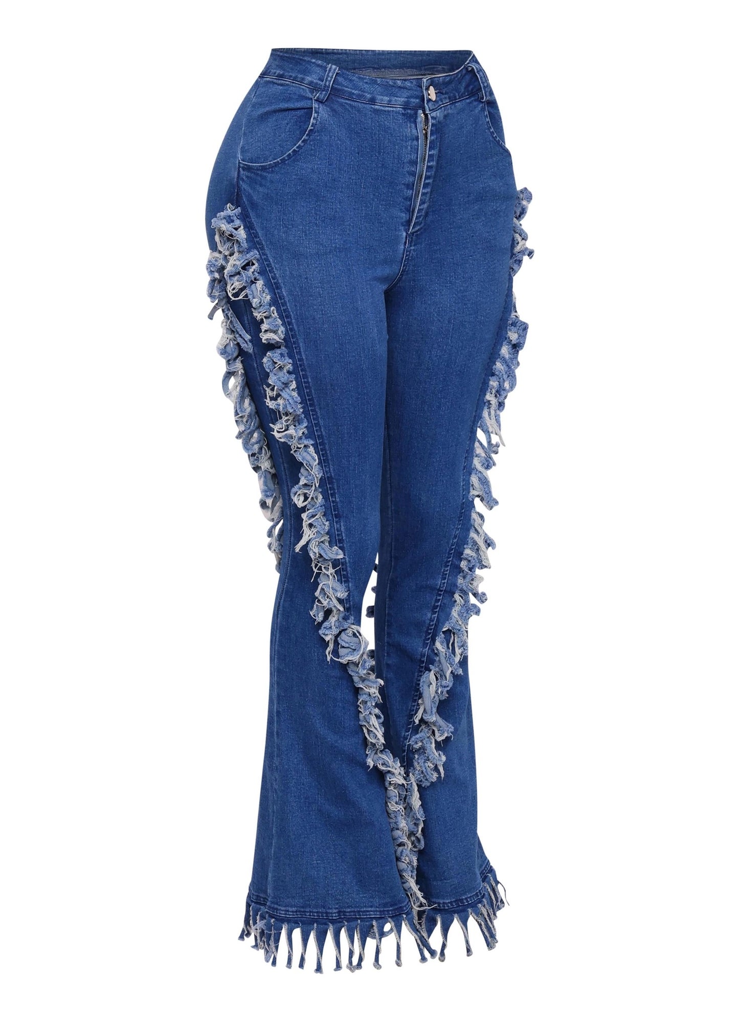 Distressed Fringe Denim Flared Jeans