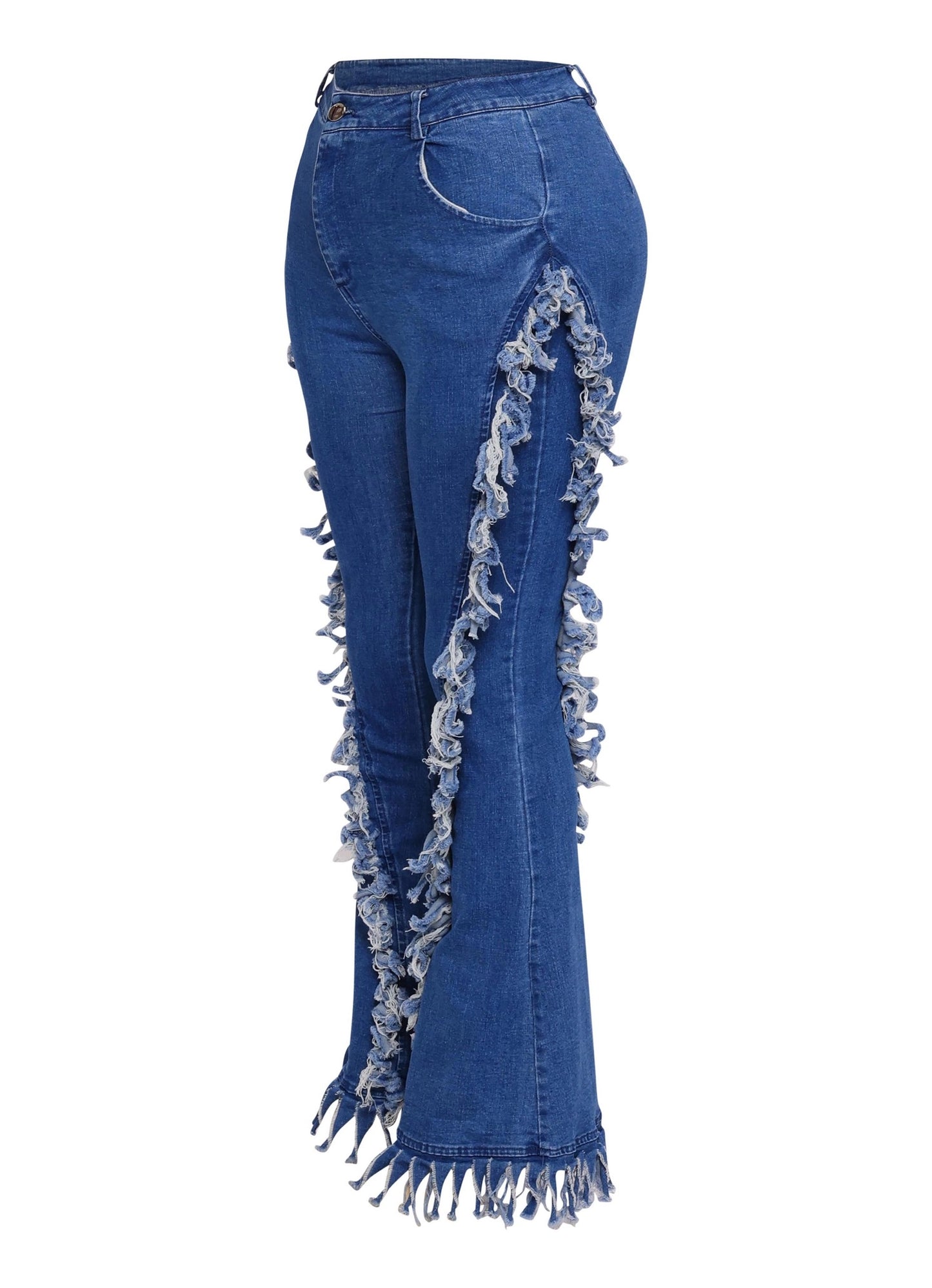 Distressed Fringe Denim Flared Jeans