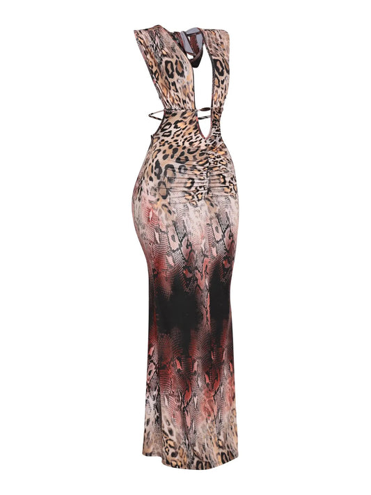Multi Animal Printed Halter Maxi Dress